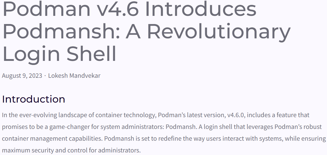 Podman v4.6 引入 Podmansh，声称是 “革命性” 登录 Shell