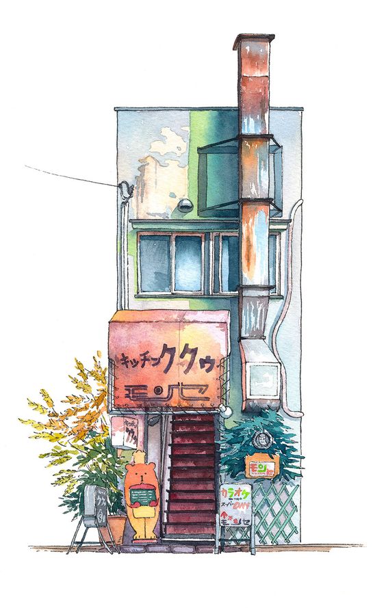 日本街道风景唯美插画壁纸 孤月照清影柔风醉痴人