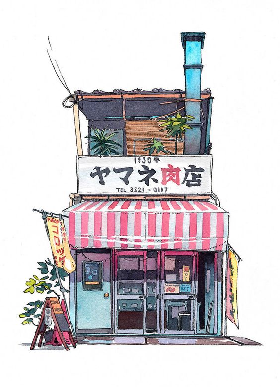日本街道风景唯美插画壁纸 孤月照清影柔风醉痴人