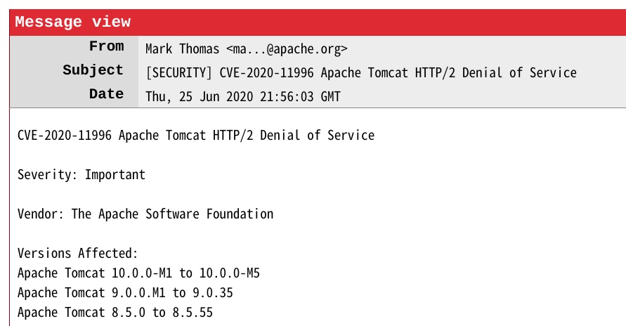 Apache Tomcat HTTP/2 DoS 漏洞，影响多个版本