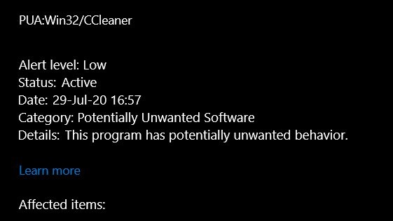 微软 Win10 Defender 将 CCleaner 标注为潜在有害应用程序