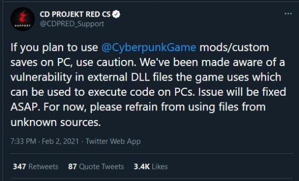 《赛博朋克 2077》官方警告：不要安装未知来源的 Mod，否则电脑可能受到攻击