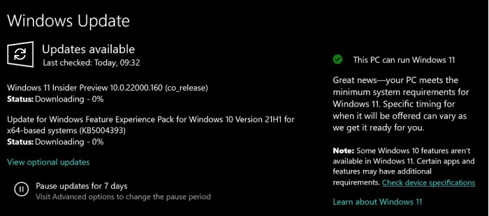 Windows Update新增通知：告知当前设备是否兼容Windows 11