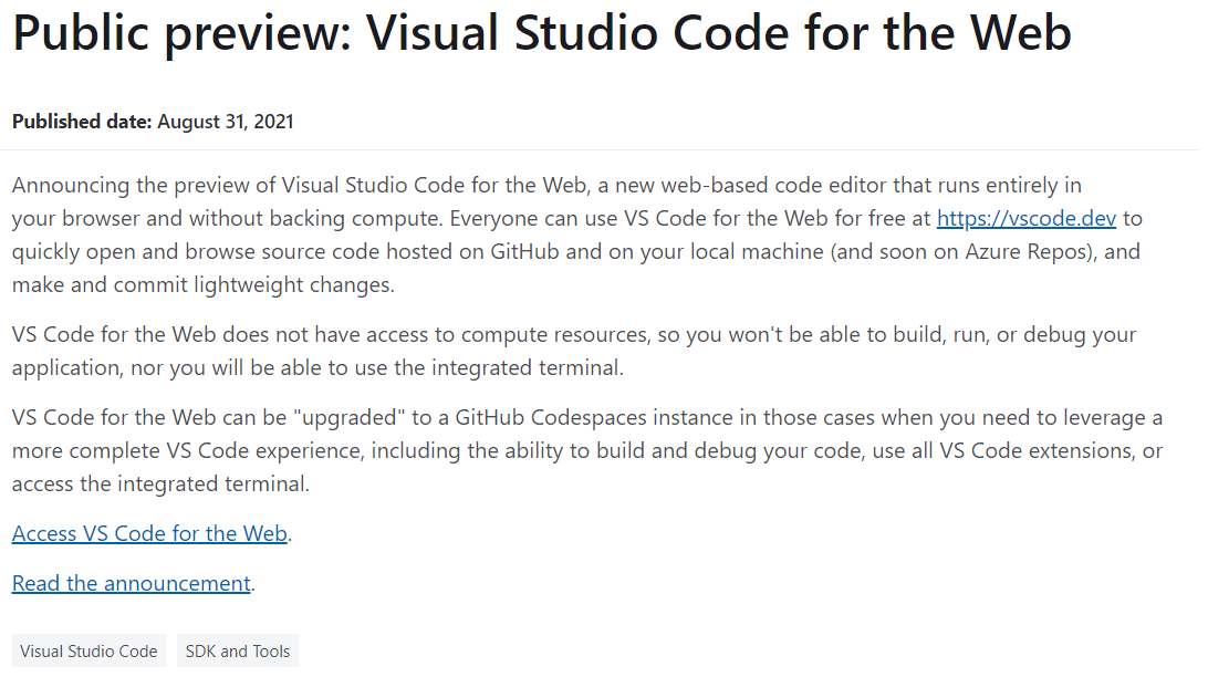 微软低调发布 Visual Studio Code for the Web 预览
