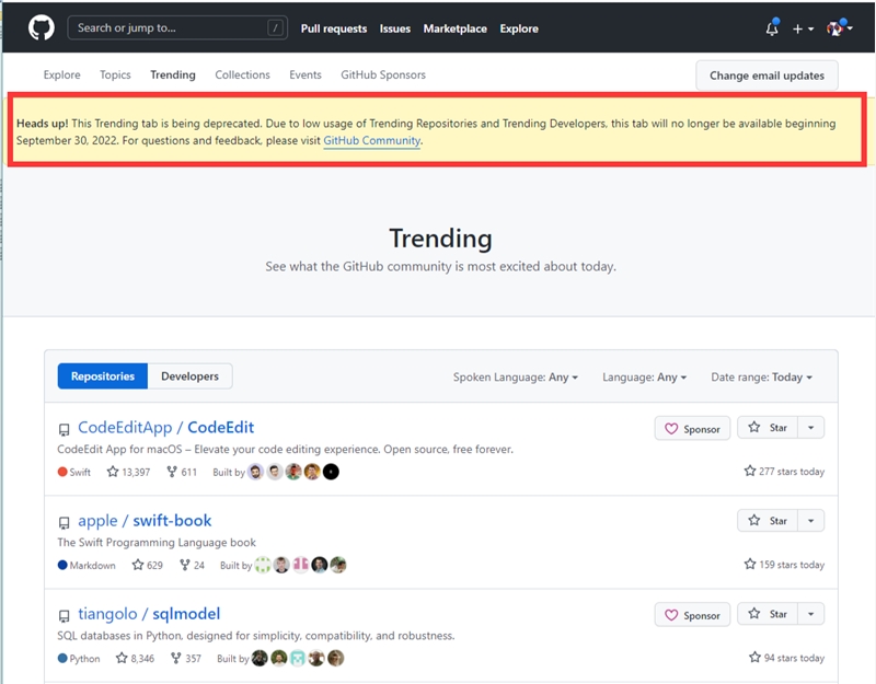 开发者扎心了！GitHub将于9月30日关闭Trending功能