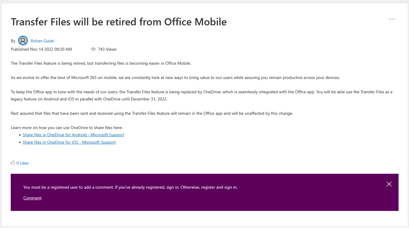 微软精简移动端 Office 应用，两项功能将于年底退休